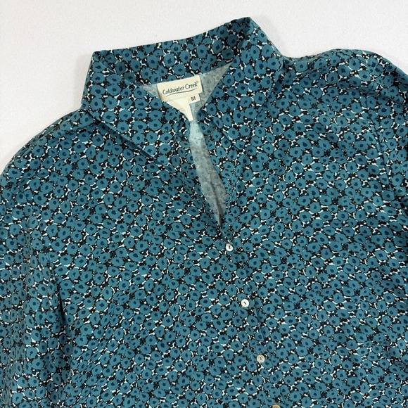 Coldwater Creek Womens Teal Floral 100% Silk Blouse Flounce Sleeve Size M - Picture 2 of 9